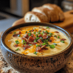 Loaded Baked Potato Soup served in bowls with various toppings.