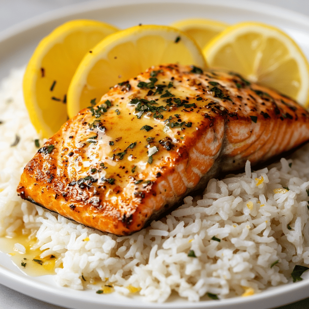 Air Fryer Honey Garlic Salmon served with rice and lemon wedges.
