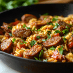 Ingredients for Cajun Sausage and Rice Skillet, including sausage, rice, bell peppers, onions, and Cajun seasoning.