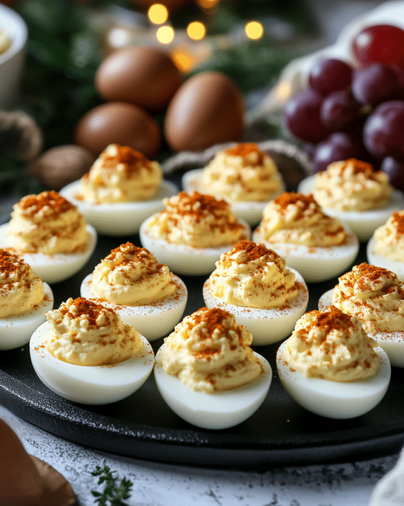 A close-up of a Thanksgiving Deviled Egg, showing the creamy filling and bacon topping.