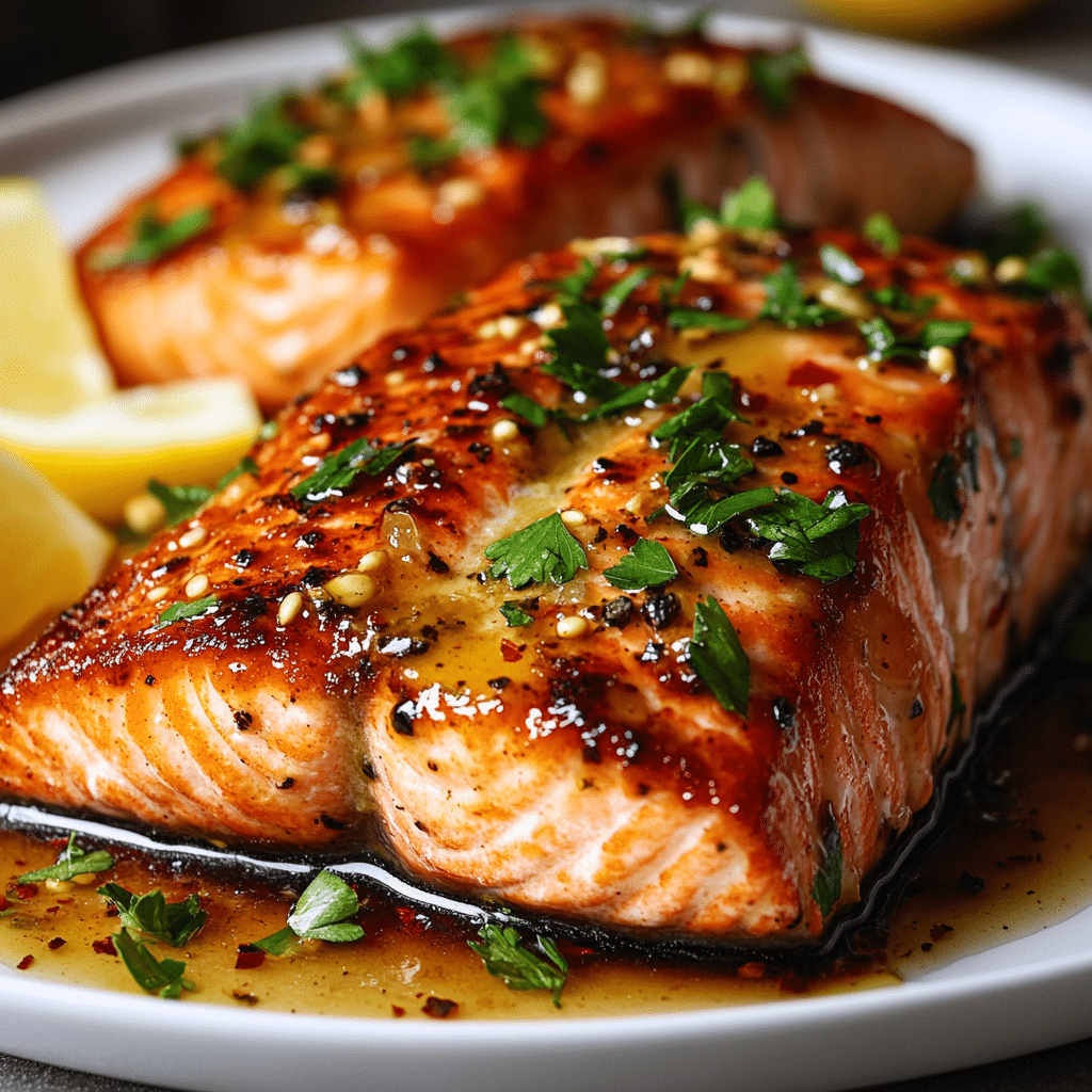 Honey Garlic Salmon served over rice with a side of vegetables.