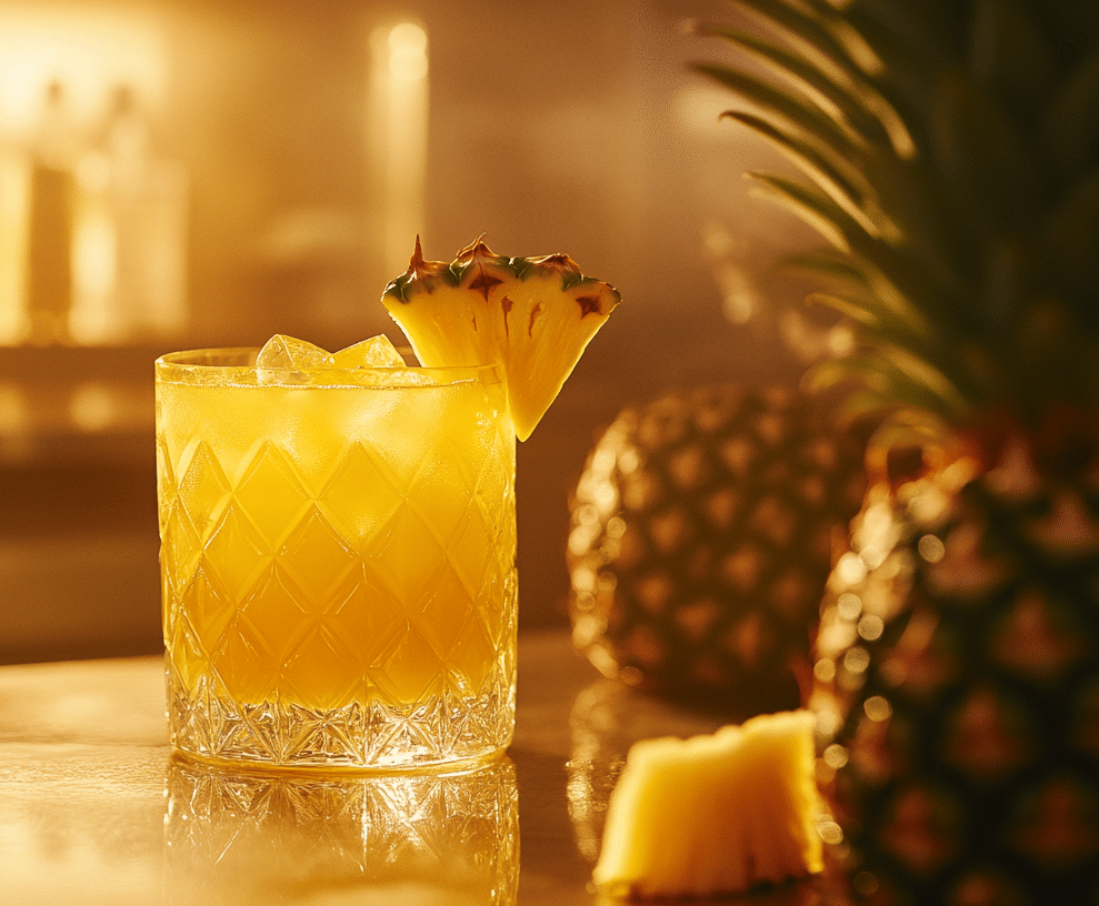 A close-up of a Tropical Giggle Juice cocktail, showing the refreshing ice and fruit garnish.