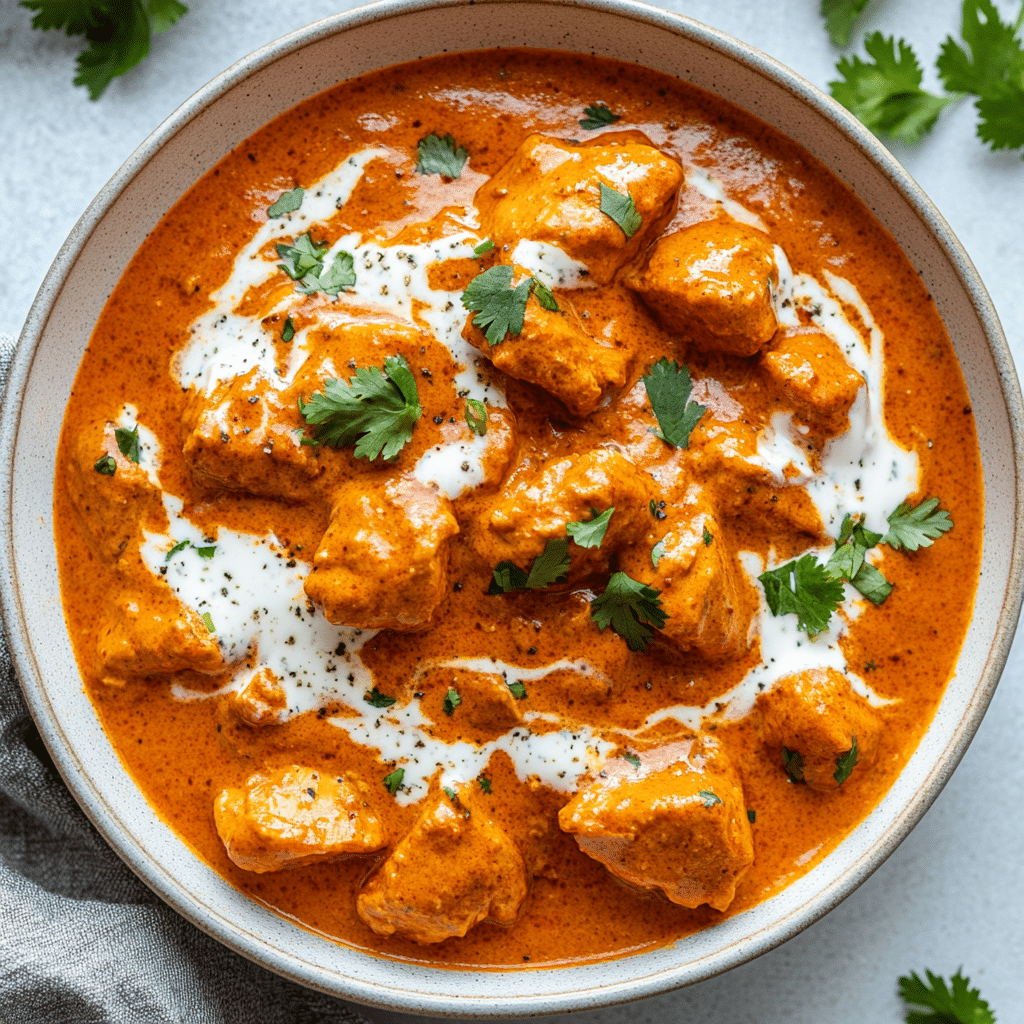 Ingredients for Indian Butter Chicken, including chicken, yogurt, spices, tomato sauce, and cream.
