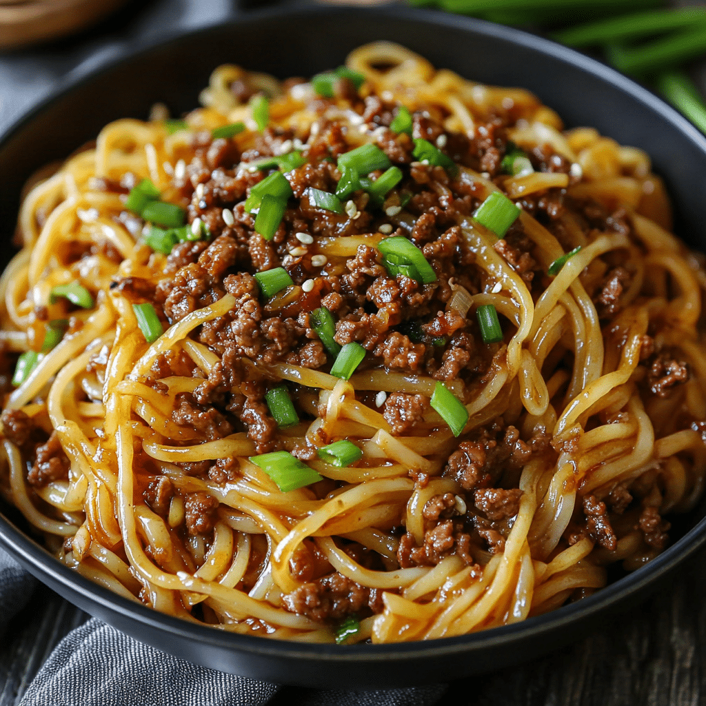 Ingredients for Mongolian Ground Beef Noodles, including ground beef, linguine, soy sauce, and hoisin sauce.