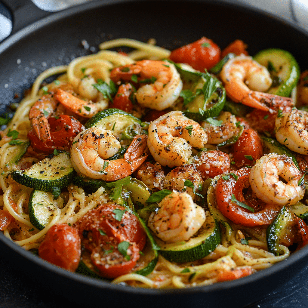 Cooking the shrimp in a skillet for Shrimp Tomato Zucchini Pasta.