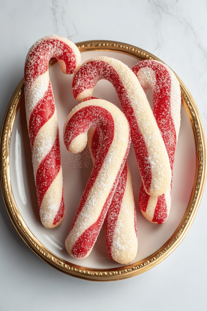 Ingredients for Candy Cane Cookies, including flour, sugar, butter, cream cheese, peppermint extract, and red food coloring.