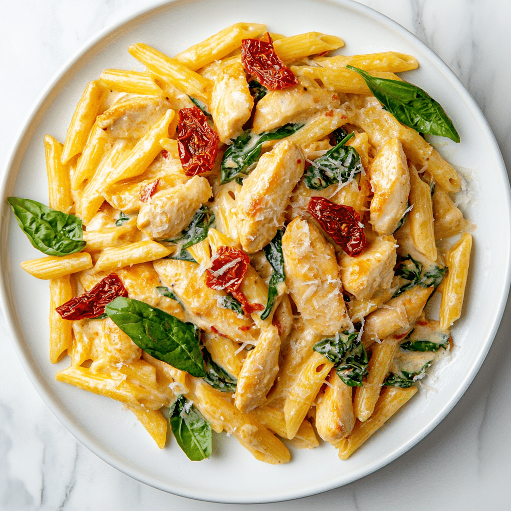 A bowl of Creamy Sun-Dried Tomato Chicken Pasta ready to be enjoyed.