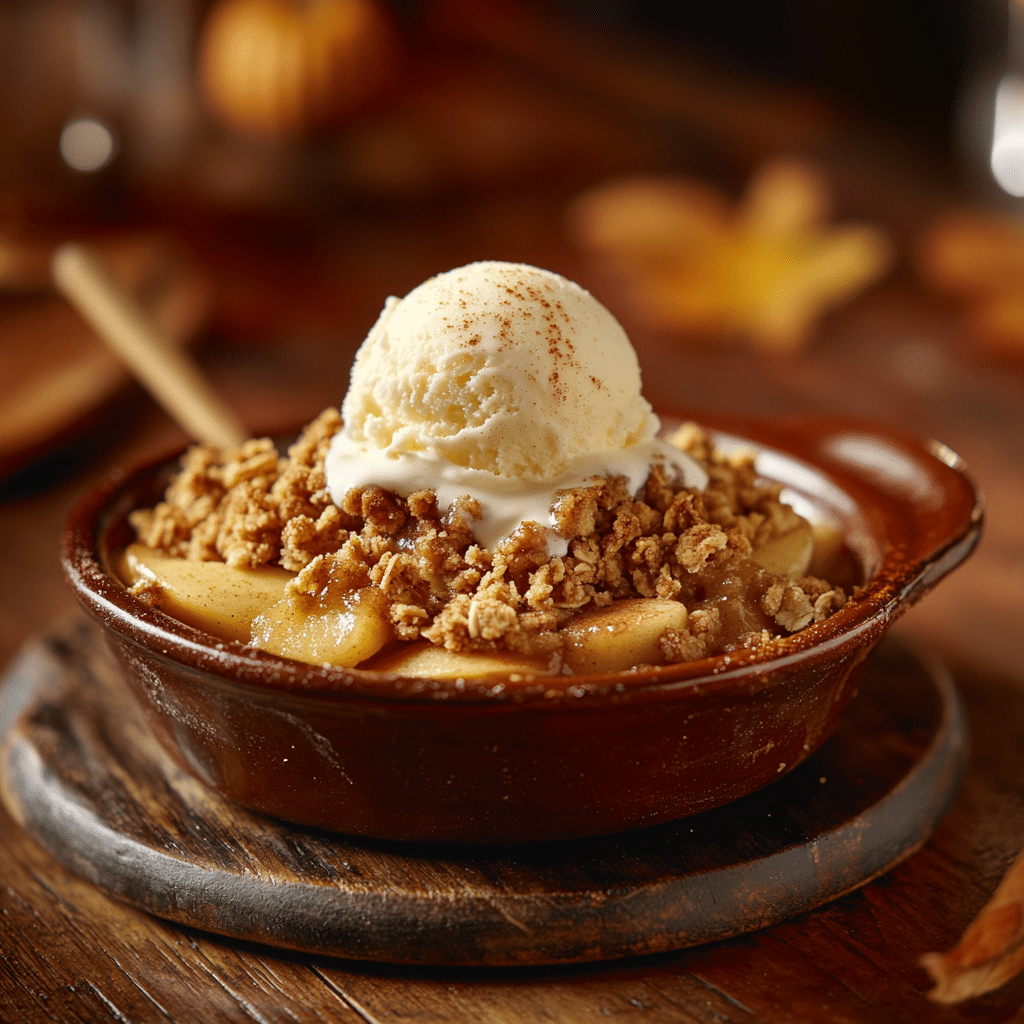 A serving of Easy Peach Crisp with a scoop of vanilla ice cream.