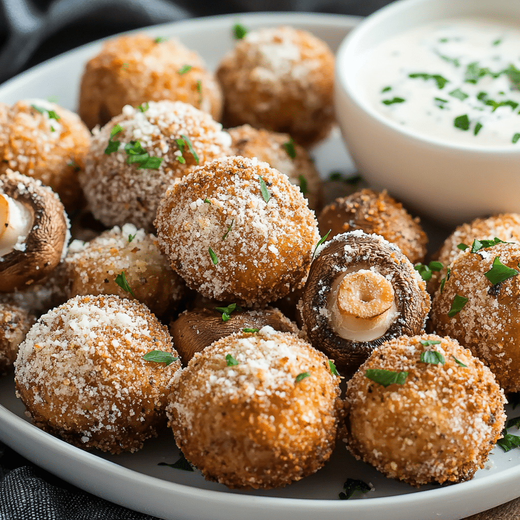 Perfect Fried Mushrooms served with a dipping sauce.