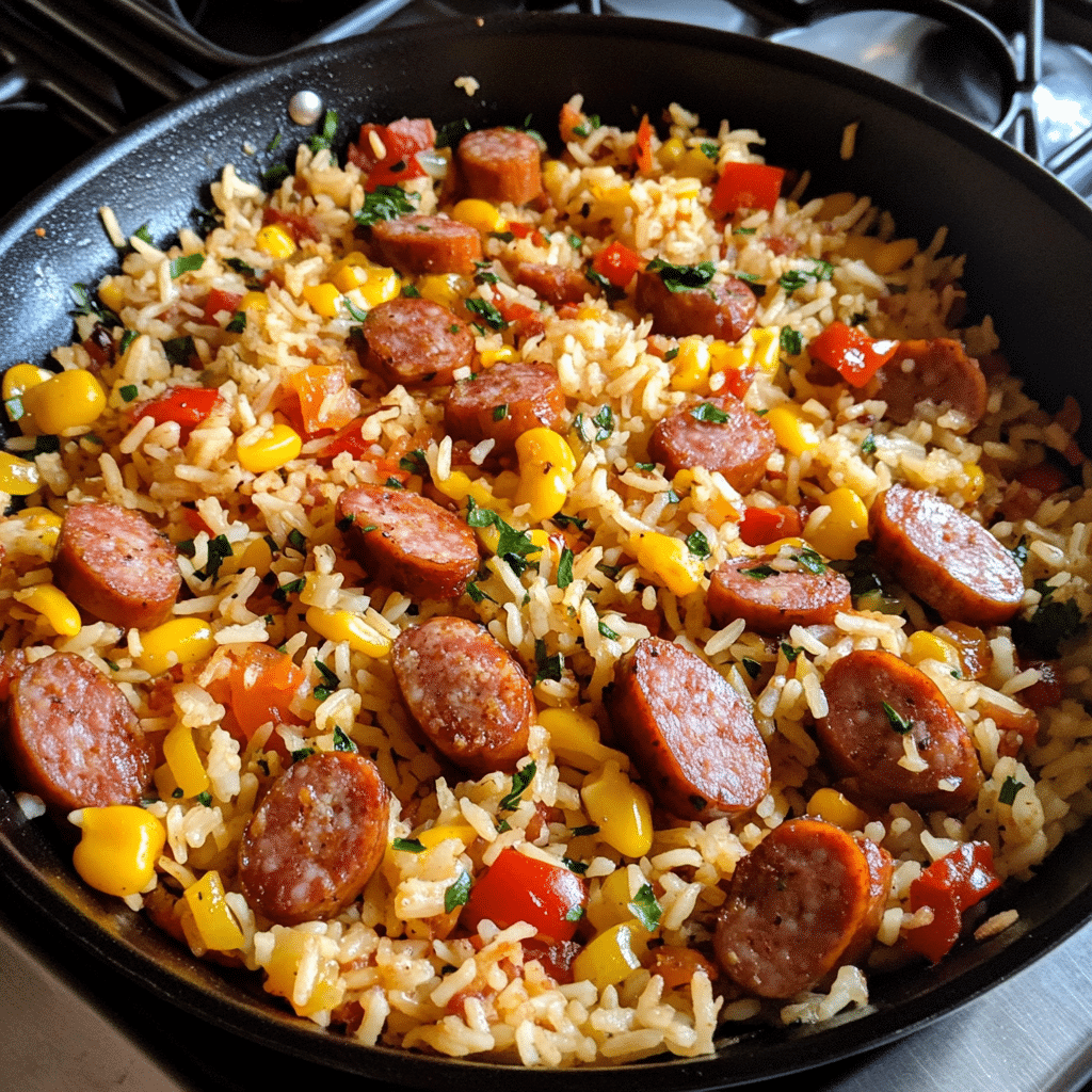 Cooking the sausage and vegetables in the skillet for Cajun Sausage and Rice Skillet.