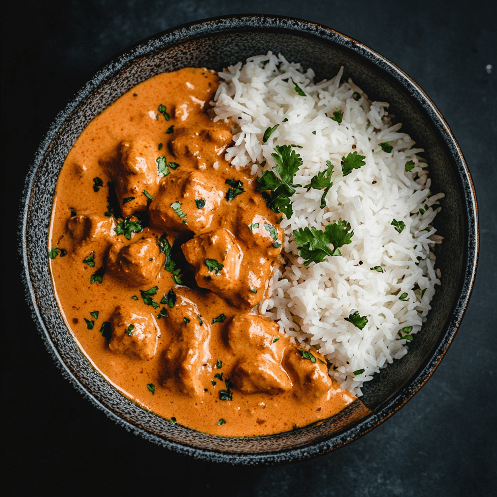 Simmering the chicken in the creamy tomato sauce for Indian Butter Chicken.