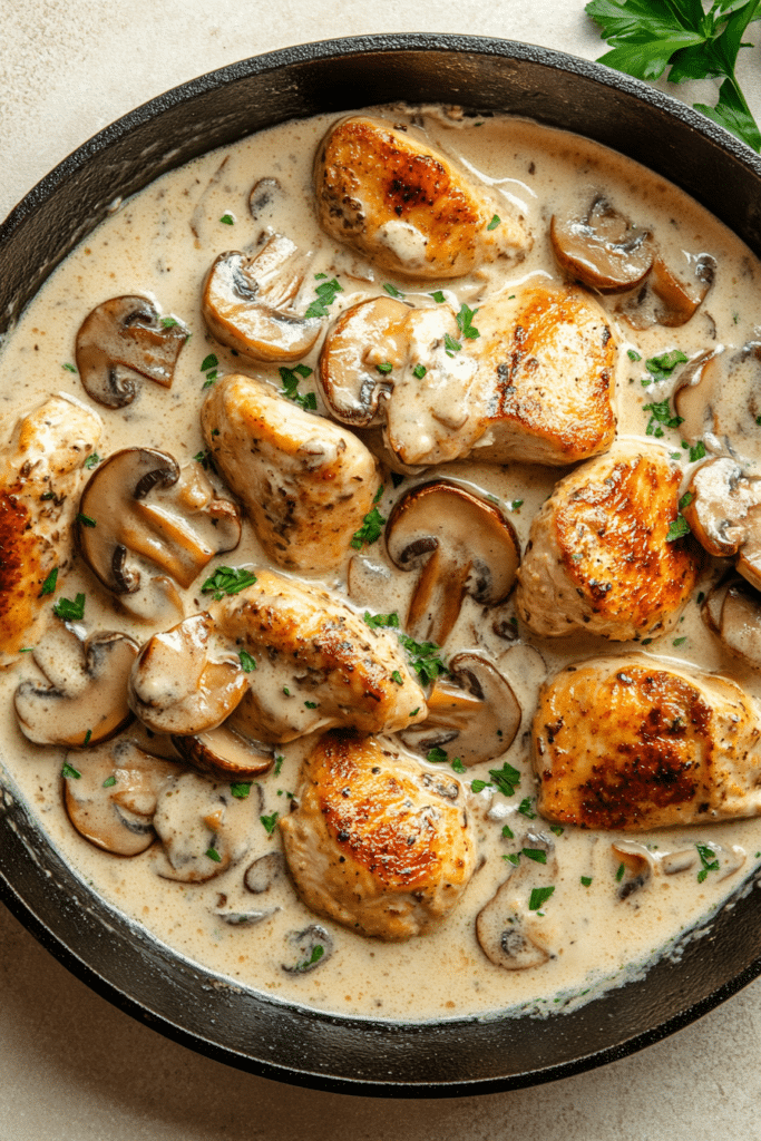 Mushroom Chicken served over mashed potatoes, garnished with parsley.