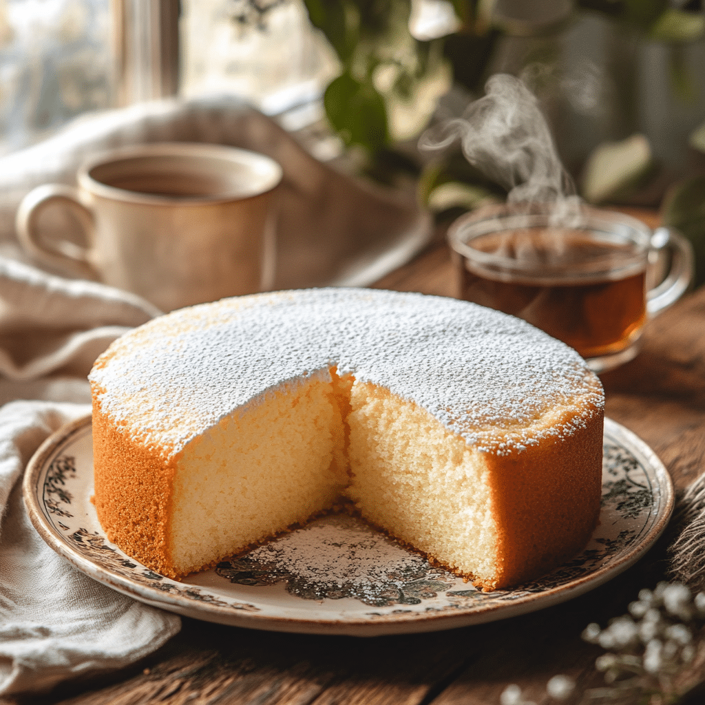 apanese Cheesecake dusted with powdered sugar and served with fresh berries.