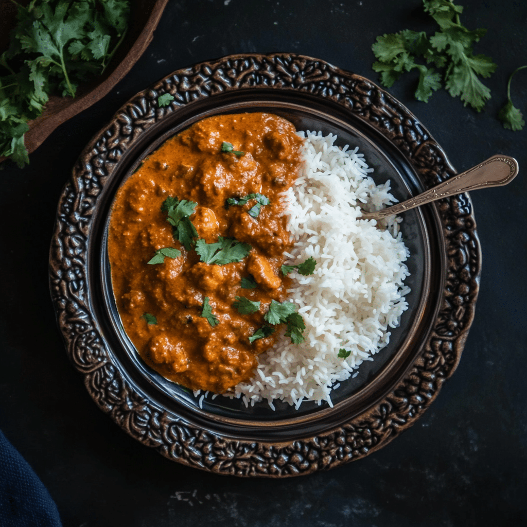 Indian Butter Chicken served with naan bread, ready to be enjoyed.