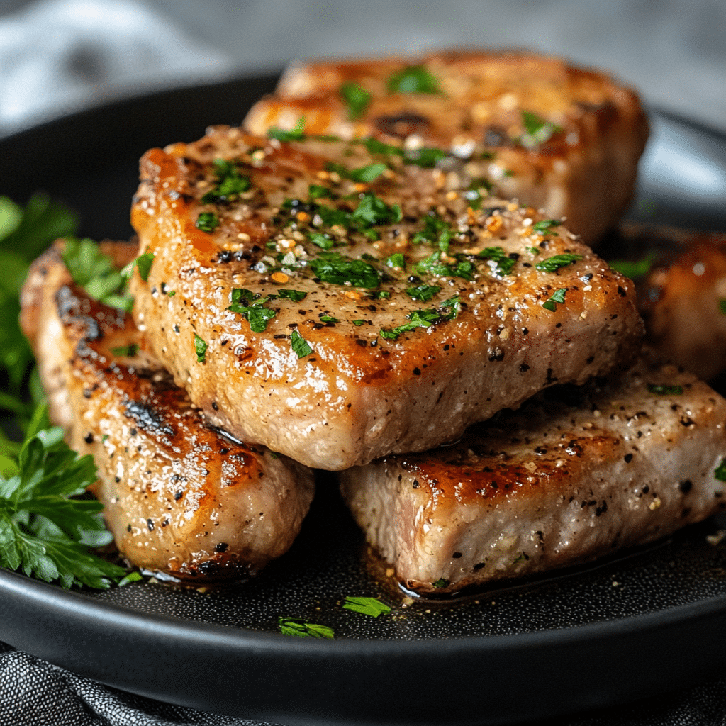 Pan-Seared Boneless Pork Chops served with mashed potatoes and vegetables.