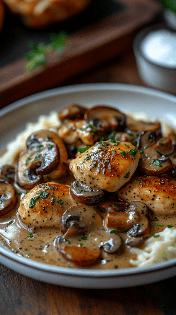 A close-up of Chicken Mushroom Stroganoff, showing the tender chicken and creamy sauce.