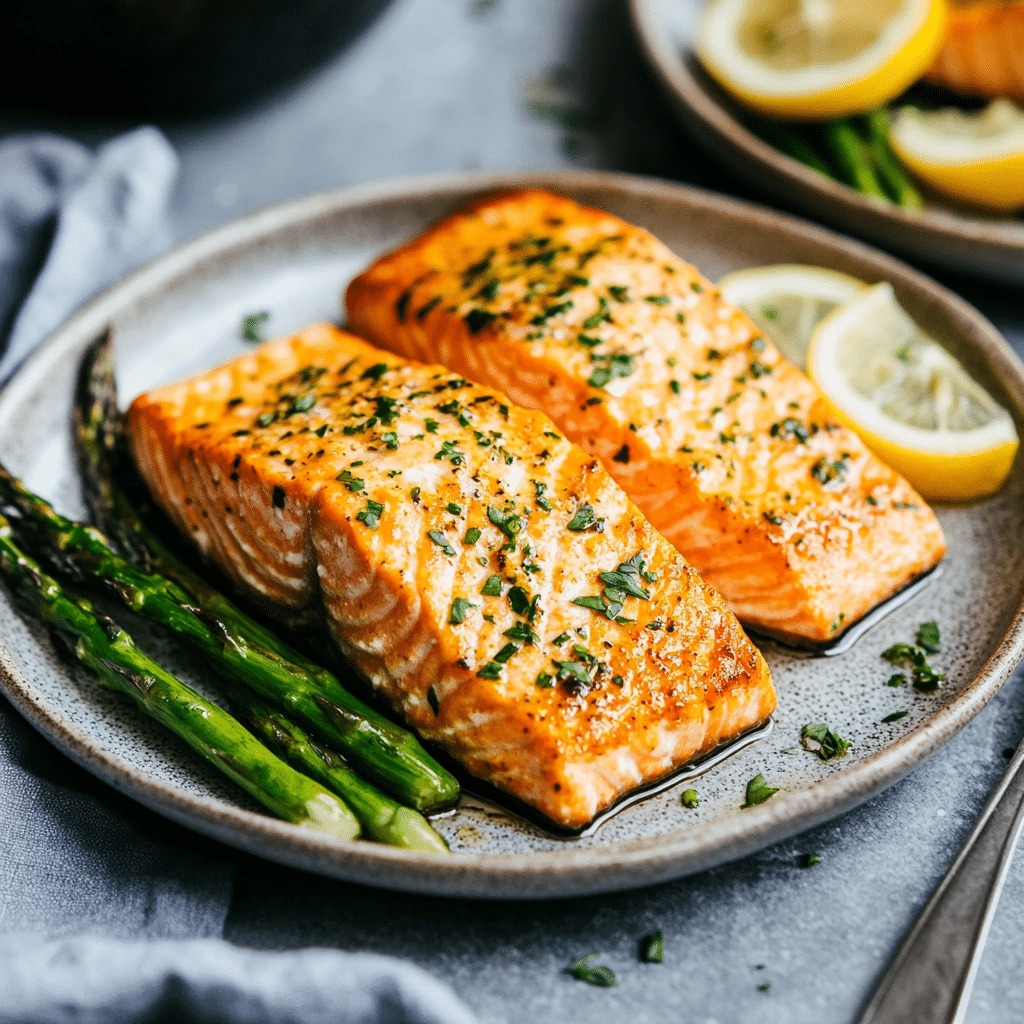 Brushing the honey garlic marinade onto the salmon for Air Fryer Honey Garlic Salmon.