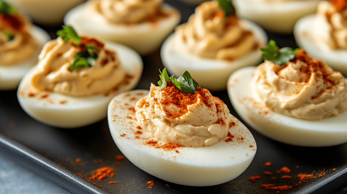 Thanksgiving Deviled Eggs garnished with crispy bacon, on a platter.