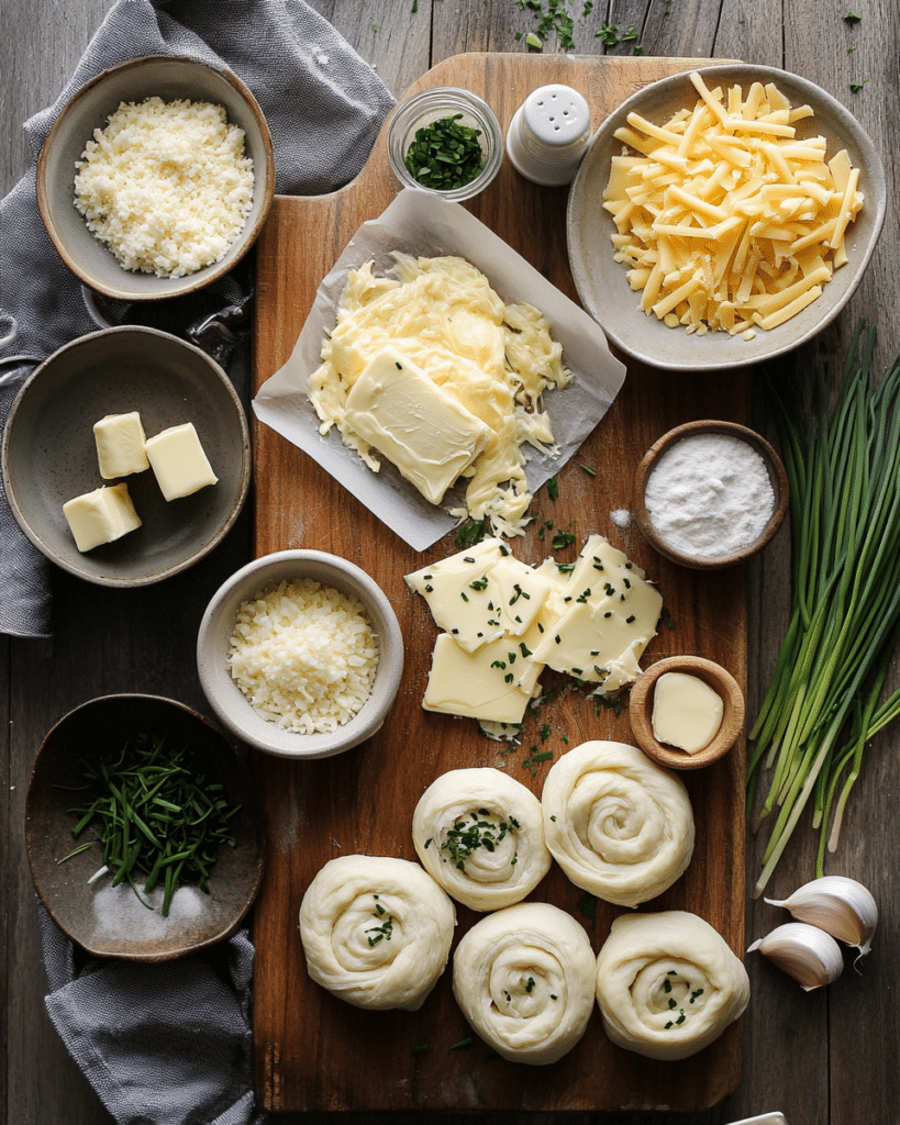Ingredients for Cheesy Garlic Cruffins, including crescent roll dough, cheese, and garlic.