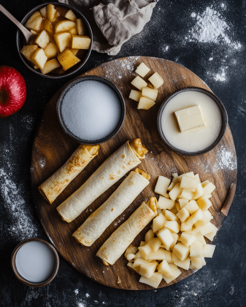  Ingredients for Air Fryer Apple Pie Taquitos, including tortillas, apple pie filling, and cinnamon sugar.