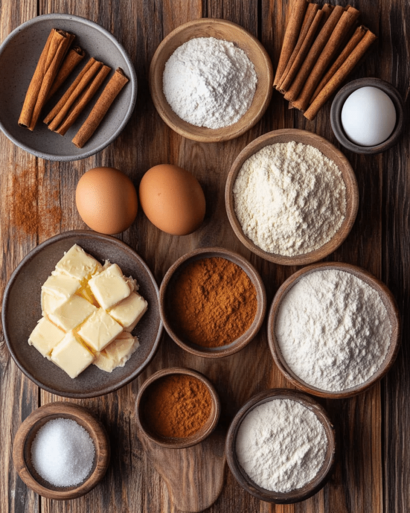 Ingredients for Amish Cinnamon Bread, including flour, sugar, butter, and cinnamon.