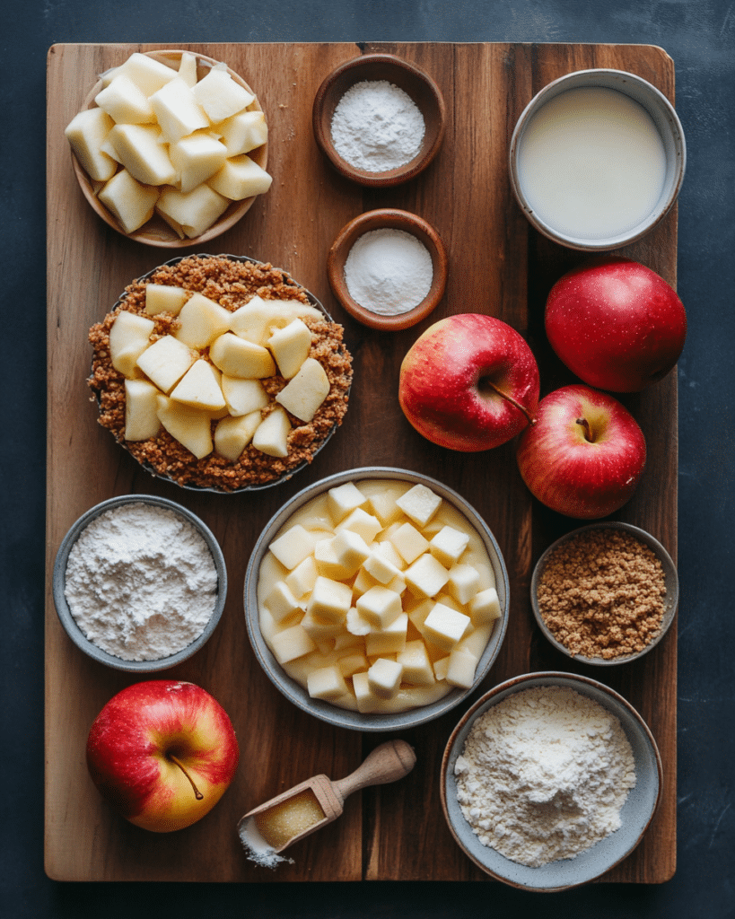 Ingredients for Apple Crumble Cheesecake, including cream cheese, apples, and graham crackers.