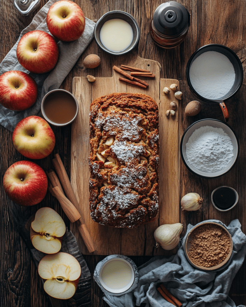 Ingredients for Awesome Country Apple Fritter Bread, including apples, flour, sugar, and cinnamon.