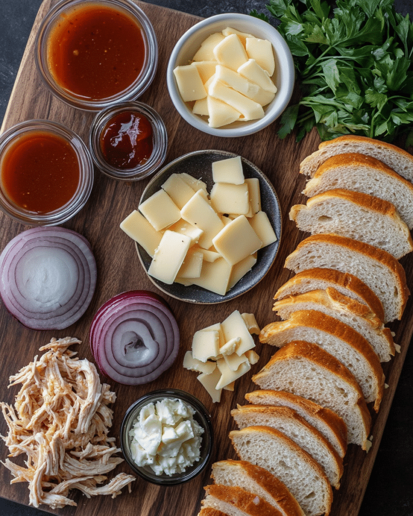 Ingredients for BBQ Chicken Grilled Cheese, including bread, chicken, cheese, and BBQ sauce.