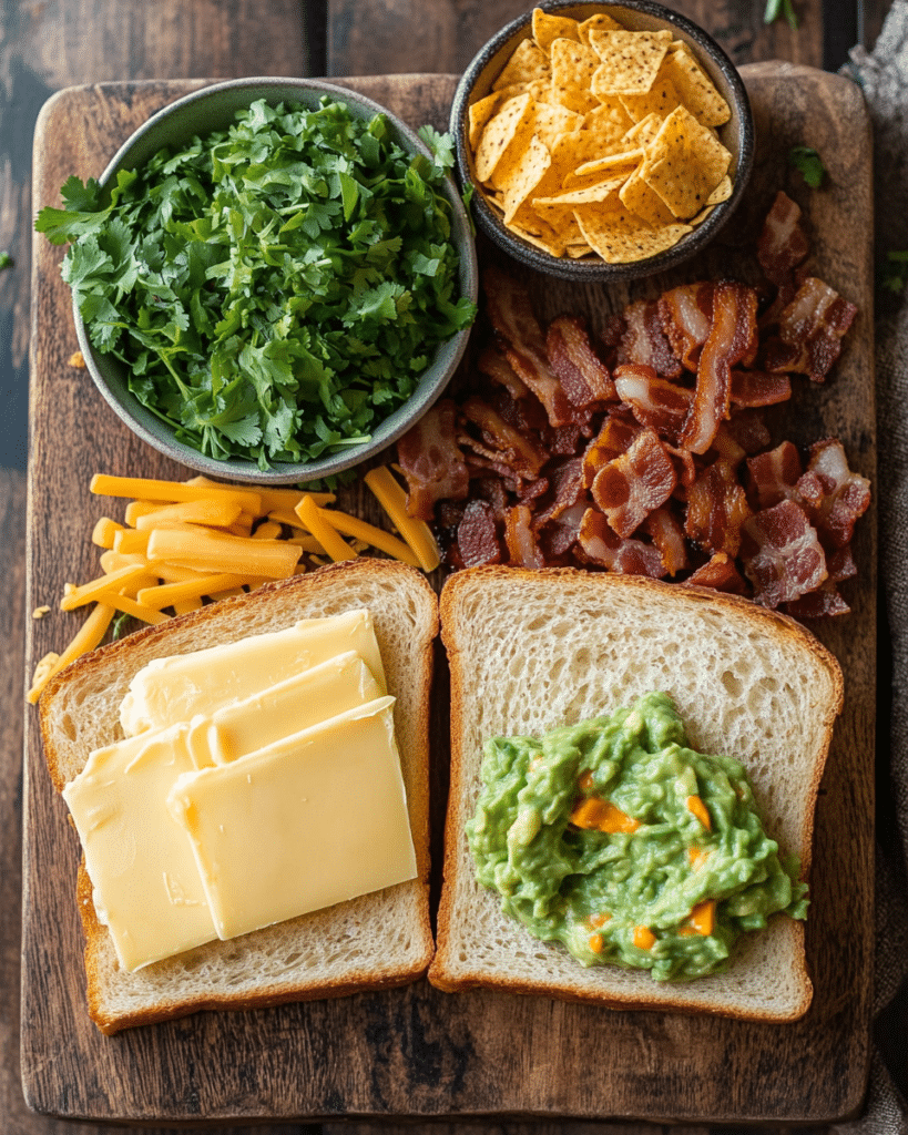  Ingredients for Bacon Guacamole Grilled Cheese Sandwich, including bread, cheese, guacamole, and bacon.