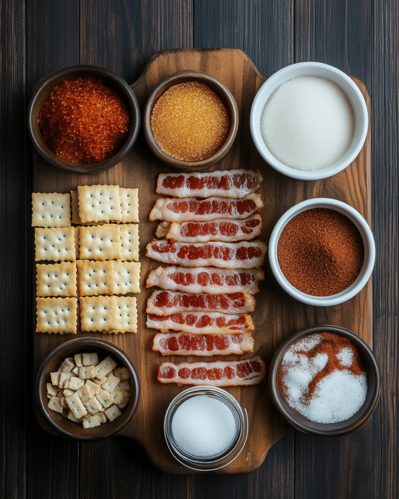Ingredients for Bacon Crackers, including crackers, bacon, and brown sugar.