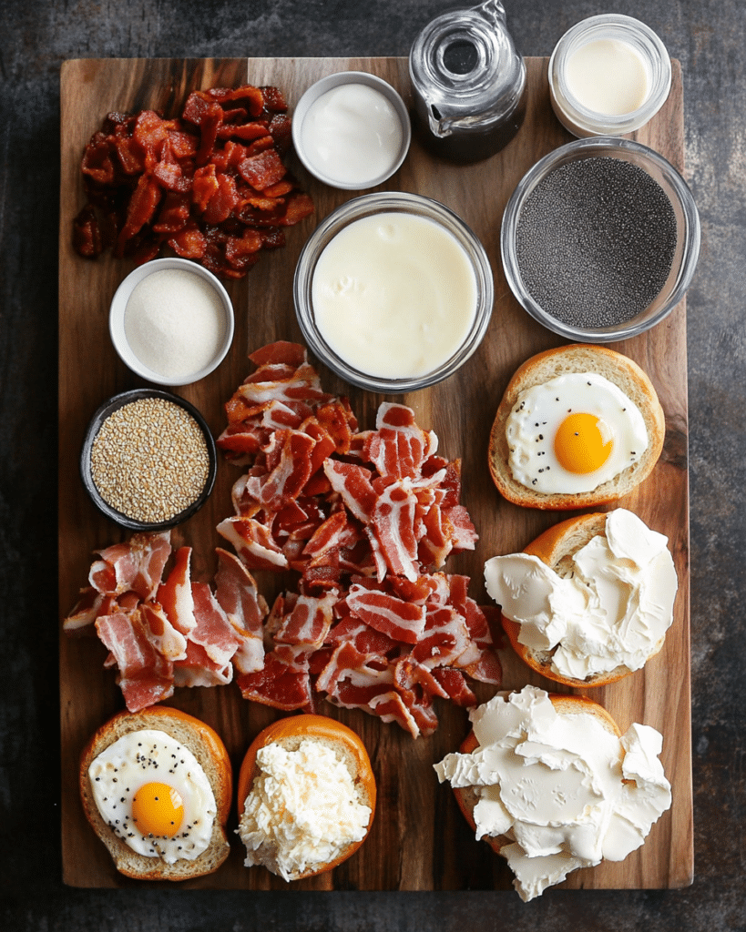Ingredients for Bagel Breakfast Sliders, including mini bagels, eggs, bacon, and cheese.