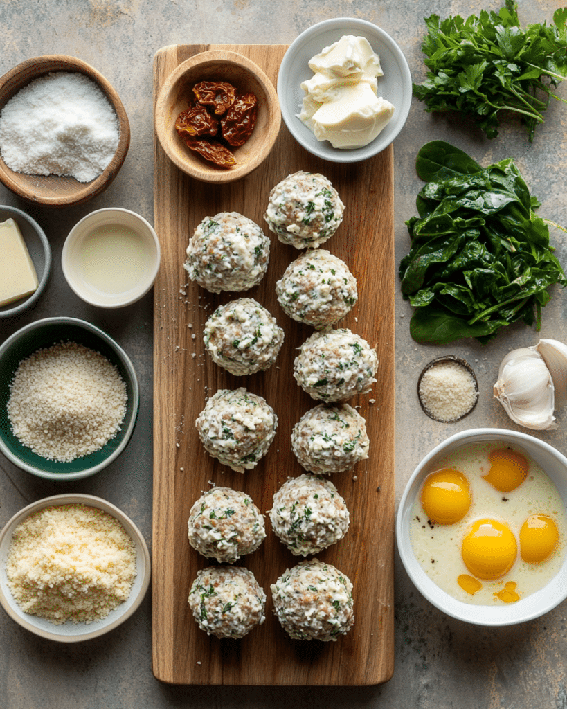  Ingredients for Chicken Ricotta Meatballs with Spinach Alfredo Sauce, including ground chicken, ricotta cheese, spinach, and cream.
