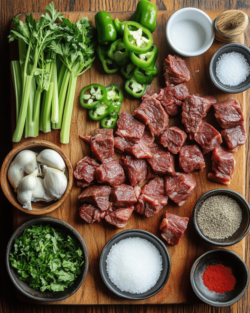  Ingredients for The BEST Chili Recipe, including beef chuck, beans, tomatoes, and spices.