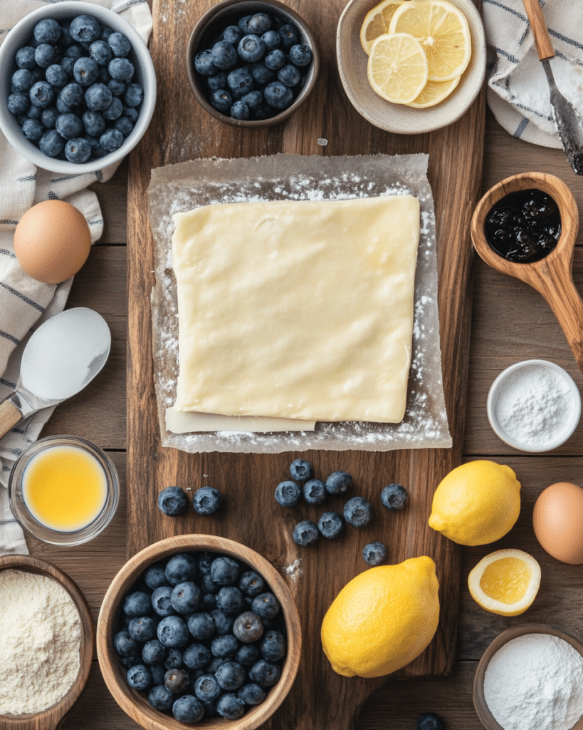 Ingredients for Blueberry Cream Cheese Puff Pastry, including puff pastry, blueberries, and cream cheese.
