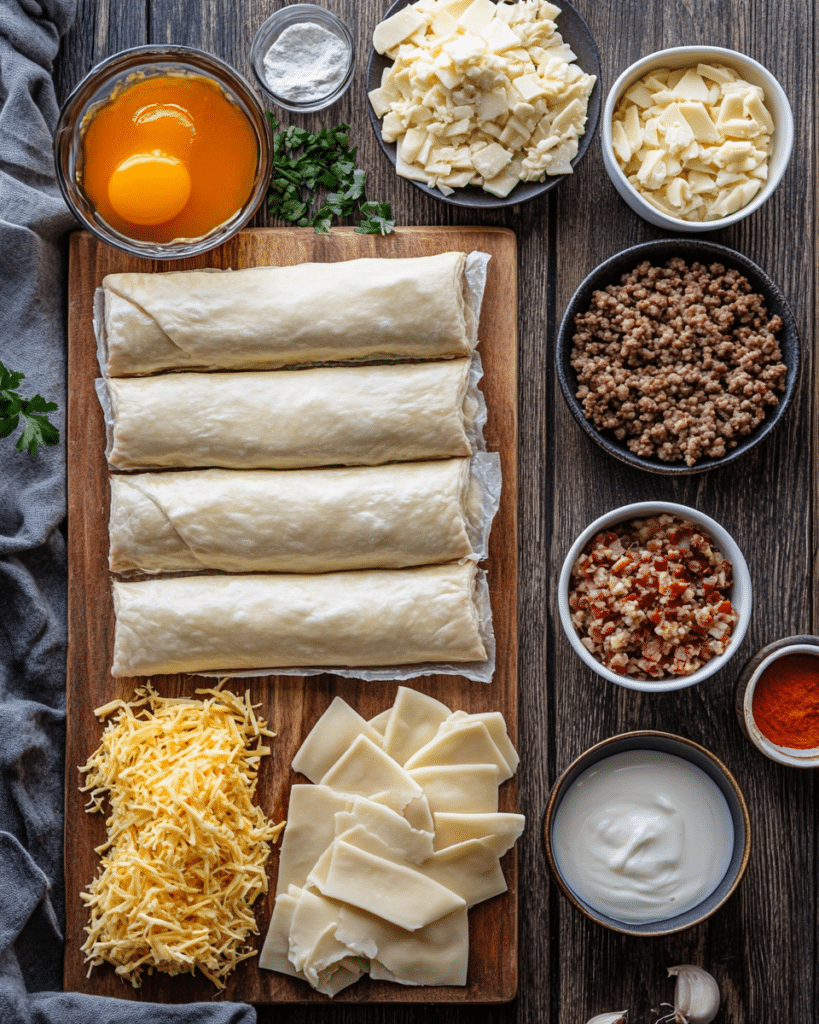Ingredients for Breakfast Puff Pastry Bars, including puff pastry, sausage, eggs, and cheese.