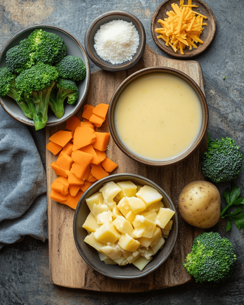 Ingredients for Broccoli Potato Cheese Soup, including potatoes, broccoli, cheese, and broth.