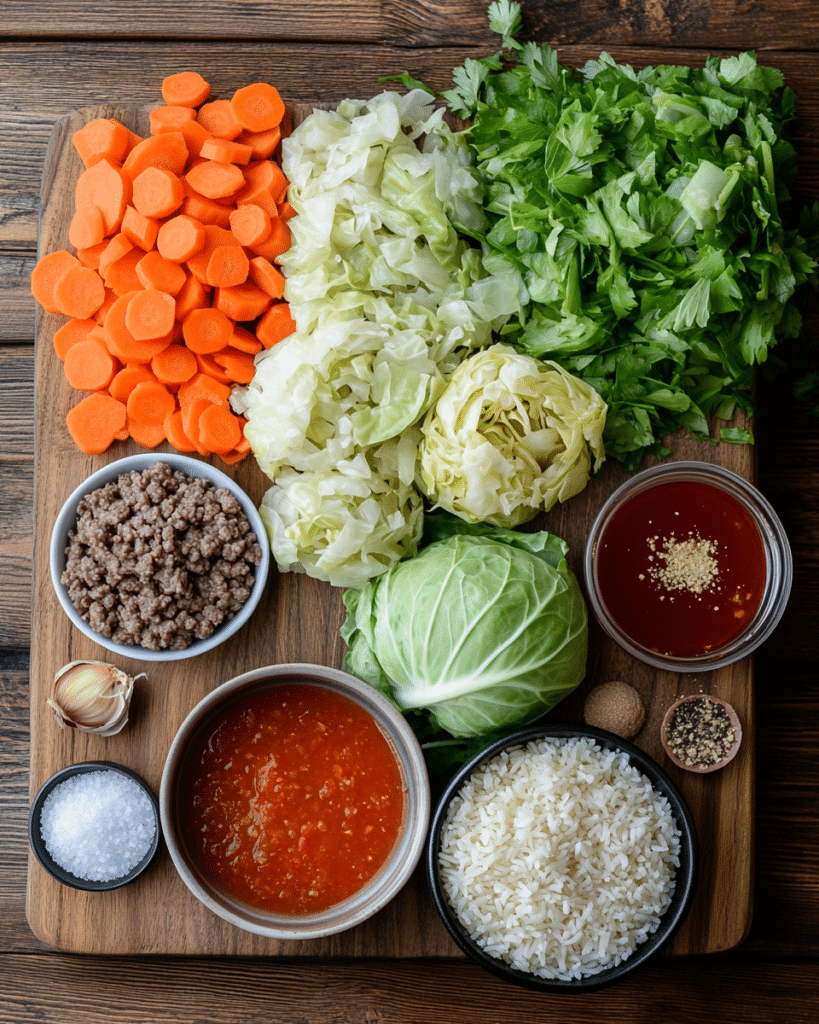 Ingredients for Cabbage Roll Soup, including ground beef, cabbage, carrots, and broth.