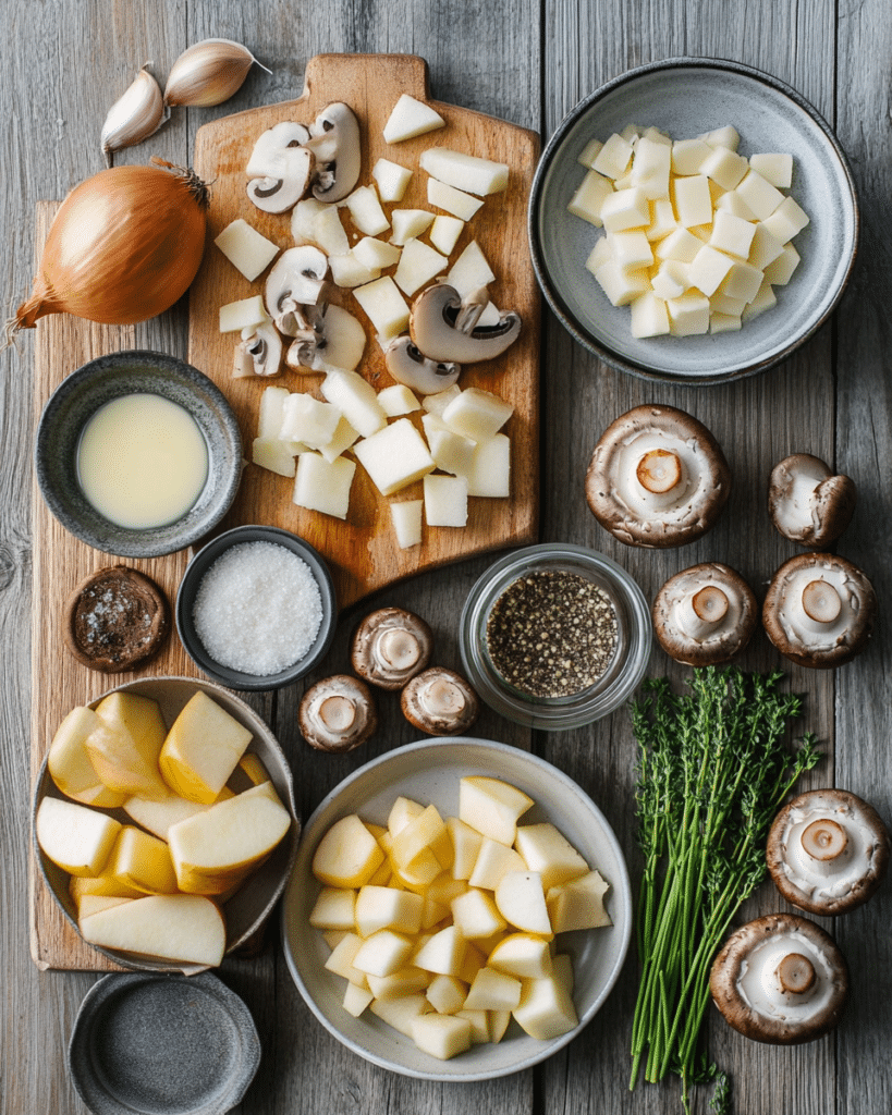Ingredients for Caramelized Onion, Mushroom, Apple & Gruyere Bites, including puff pastry, onions, mushrooms, apples, and Gruyere cheese.