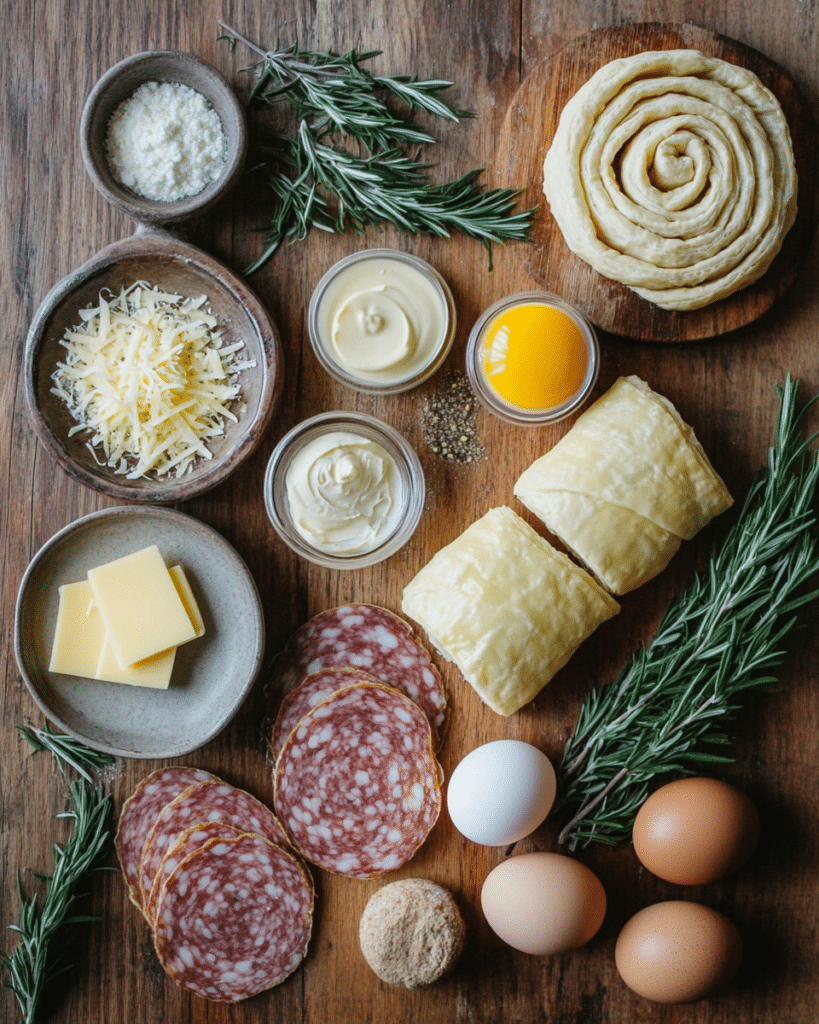  Ingredients for Cheesy French Pinwheels, including puff pastry, salami, cheese, and mustard.