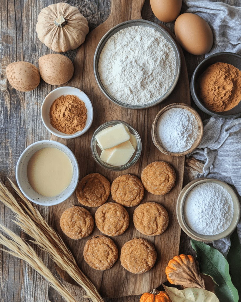 Ingredients for Chewy Pumpkin Snickerdoodle Cookies, including browned butter, pumpkin puree, and spices.