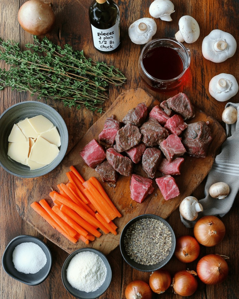 Ingredients for Classic Beef Bourguignon, including beef chuck, carrots, onions, and red wine.