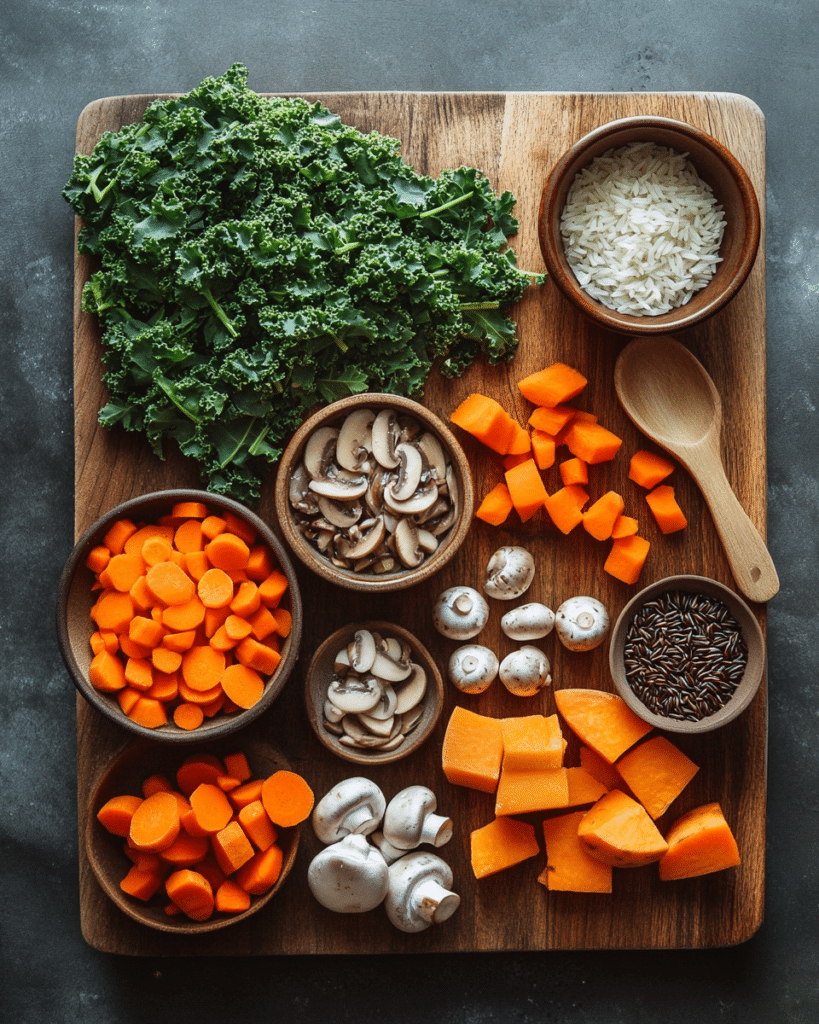 Ingredients for Cozy Autumn Wild Rice Soup, including wild rice, vegetables, and coconut milk.