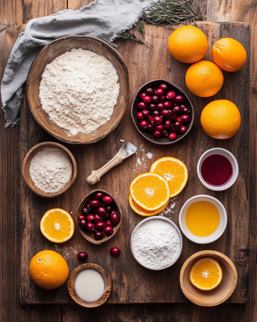 Ingredients for Cranberry Orange Bread, including flour, sugar, cranberries, and oranges.