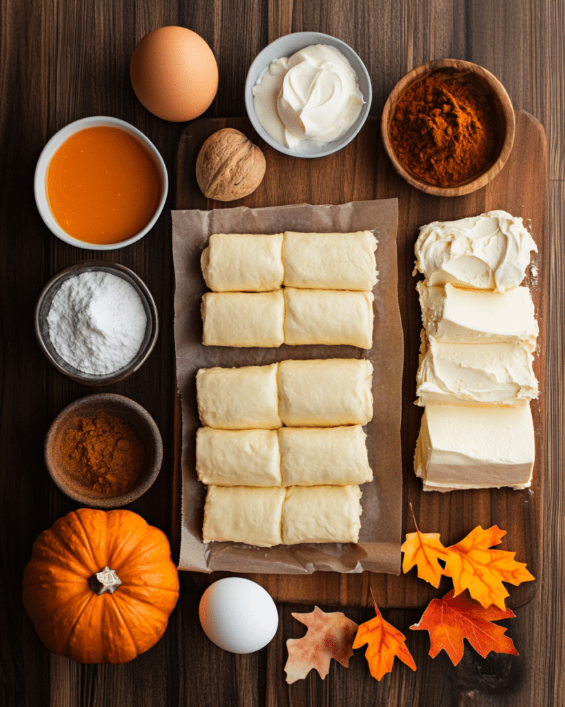 Ingredients for Cream Cheese Pumpkin Pie Crescent Rolls, including crescent roll dough, pumpkin puree, cream cheese, and spices.