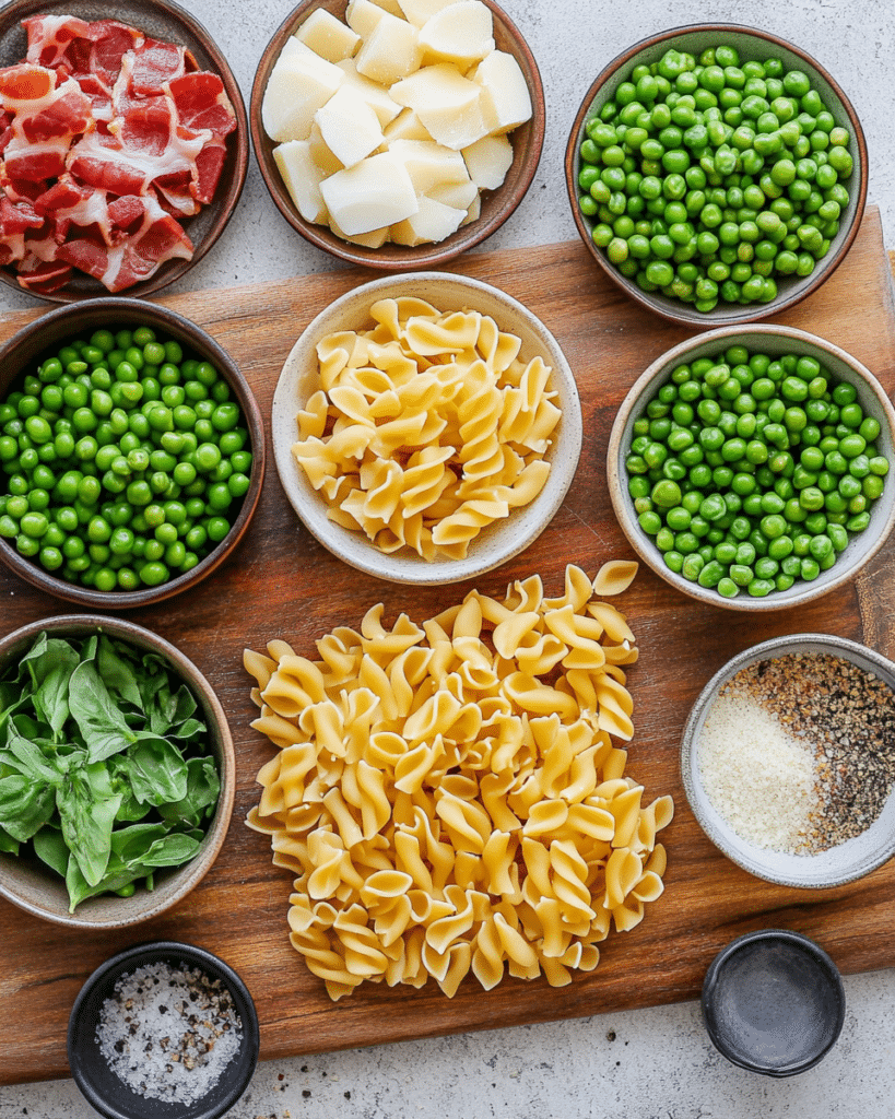 Ingredients for Creamy Pasta Salad, including pasta, peas, bacon, and mayonnaise.