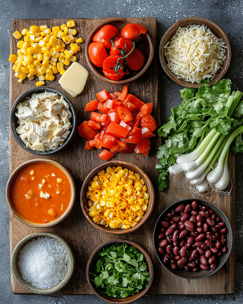 Ingredients for Creamy Chicken Enchilada Soup, including chicken, beans, corn, and tomatoes.