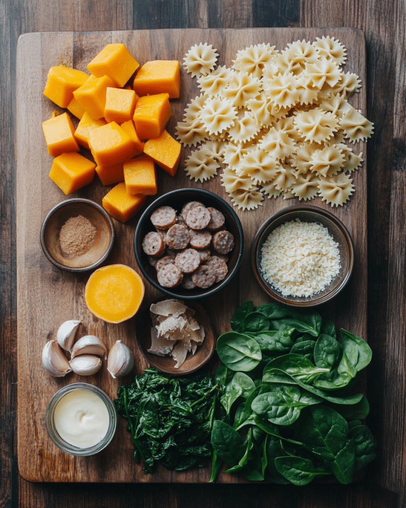 Ingredients for Creamy Roasted Butternut Squash Pasta with Sausage and Spinach, including butternut squash, sausage, pasta, and spinach.