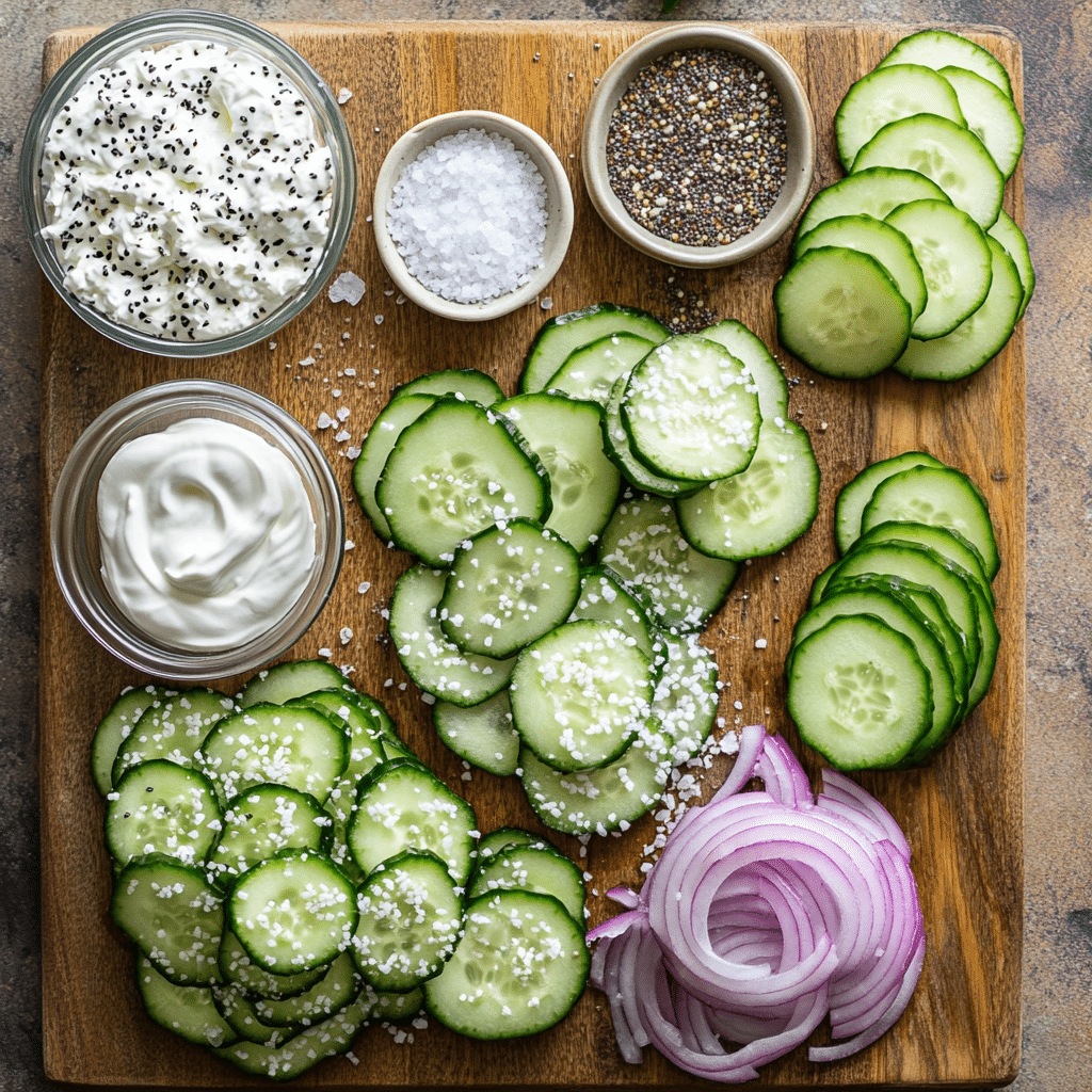 Ingredients for Cucumber Everything Bagel Salad, including cucumbers, sour cream, and everything bagel seasoning.