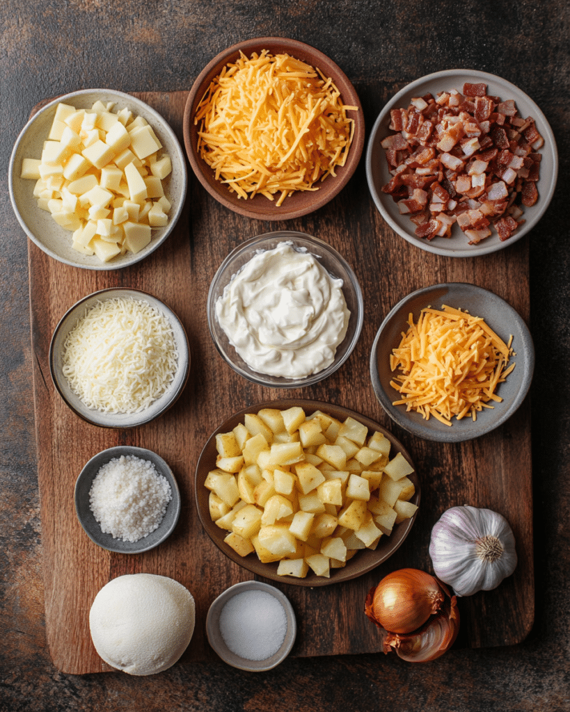  Ingredients for Mississippi Mud Potatoes, including potatoes, cheese, bacon, and mayonnaise.