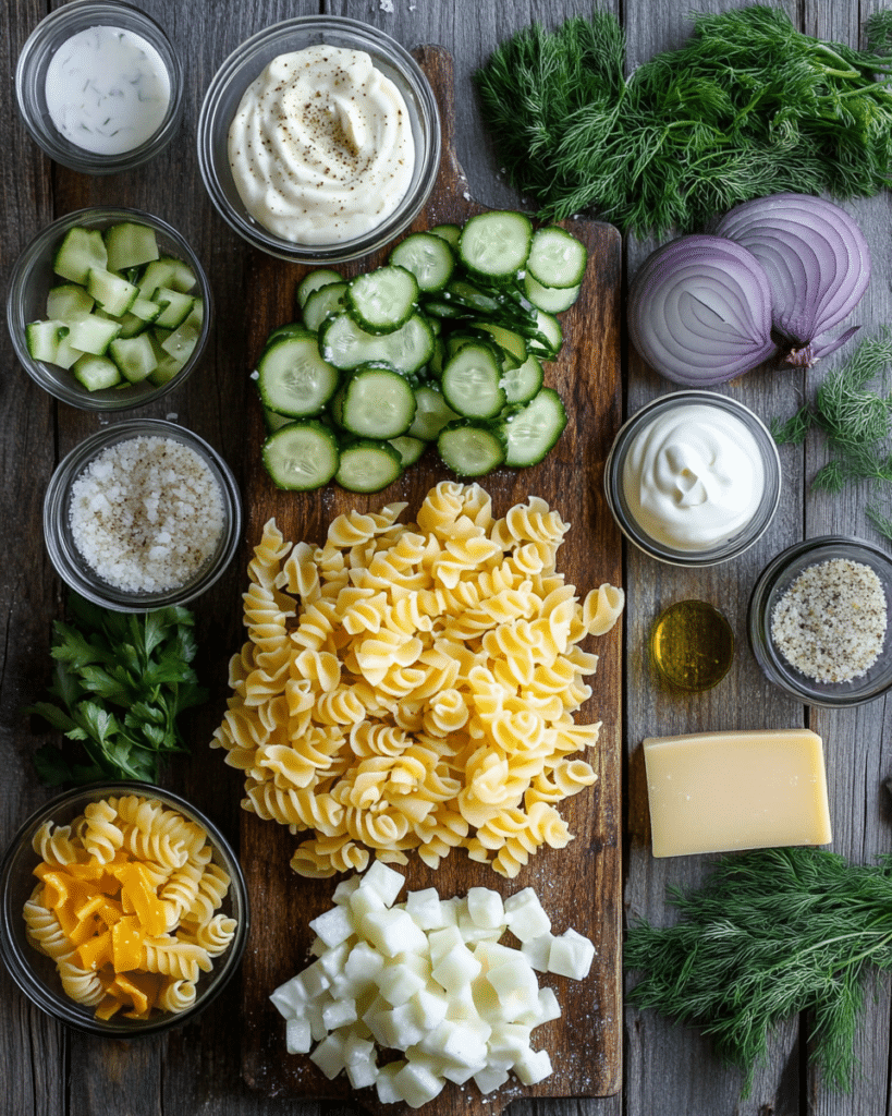 Ingredients for Dill Pickle Pasta Salad, including pasta, pickles, cheese, and sour cream.